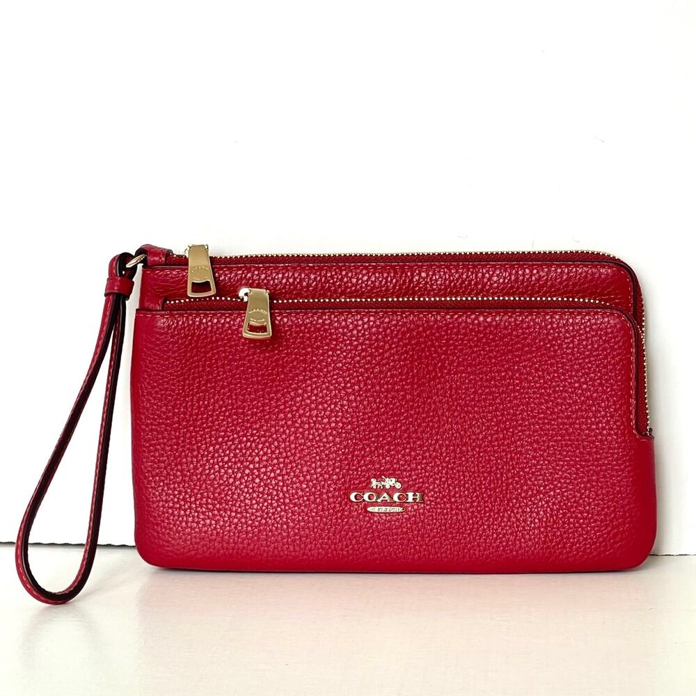 Coach CU919 True Red Leather Double Zip Phone Wallet Wristlet